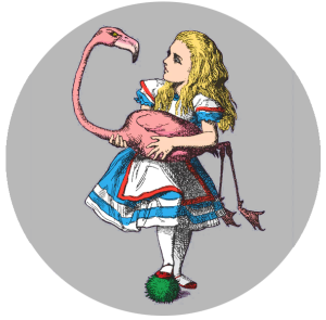 Alice In Wonderland playing croquet with a flamingo and hedgehog